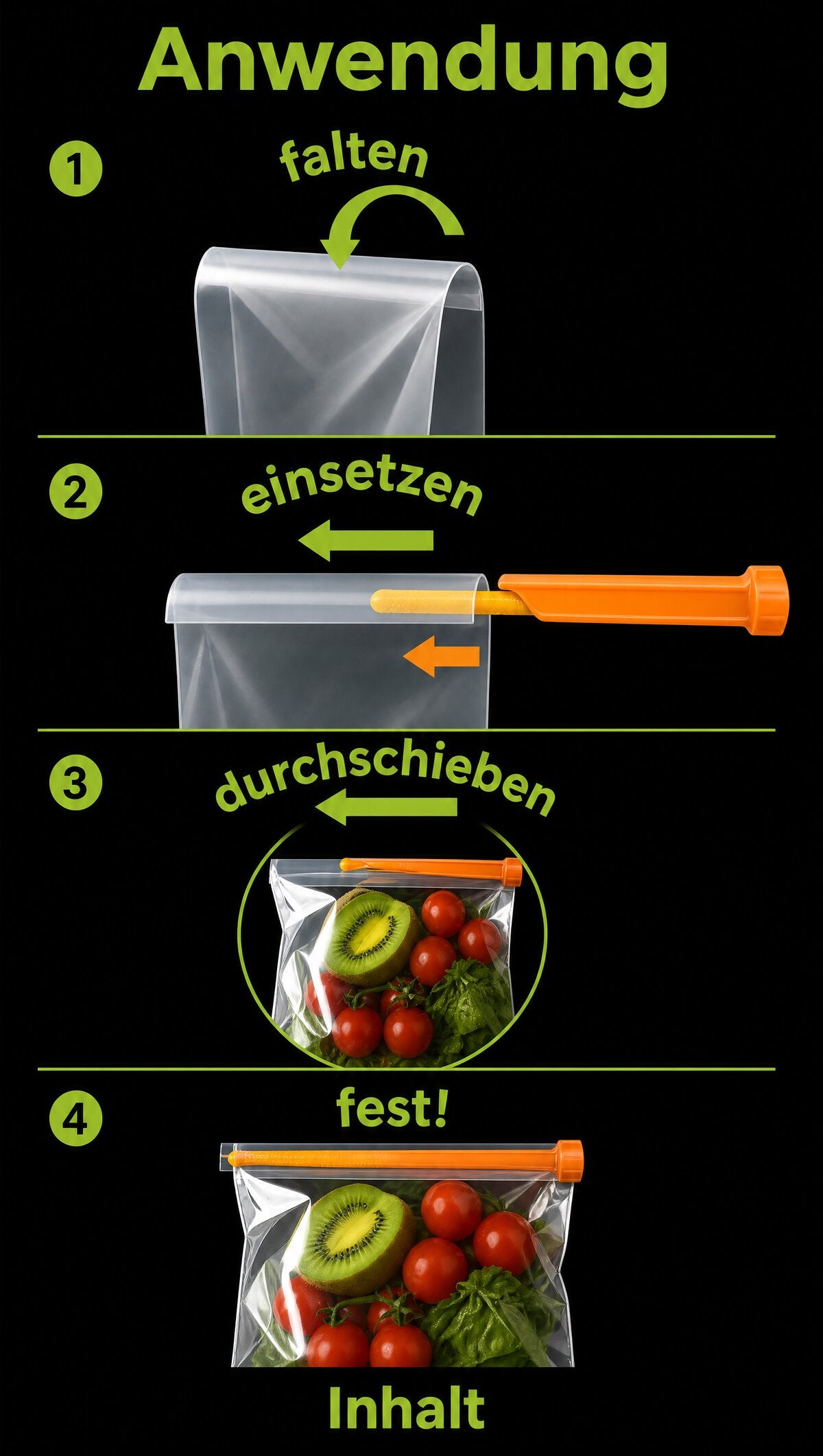 Anleitung: Falten, Einsetzen, Durchschieben, Fest